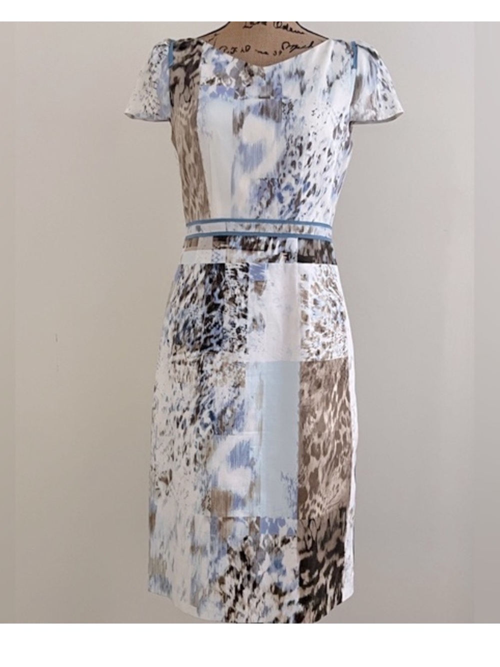 Elie Tahari silk Blue and Brown Patchwork Print Midi Dress 8